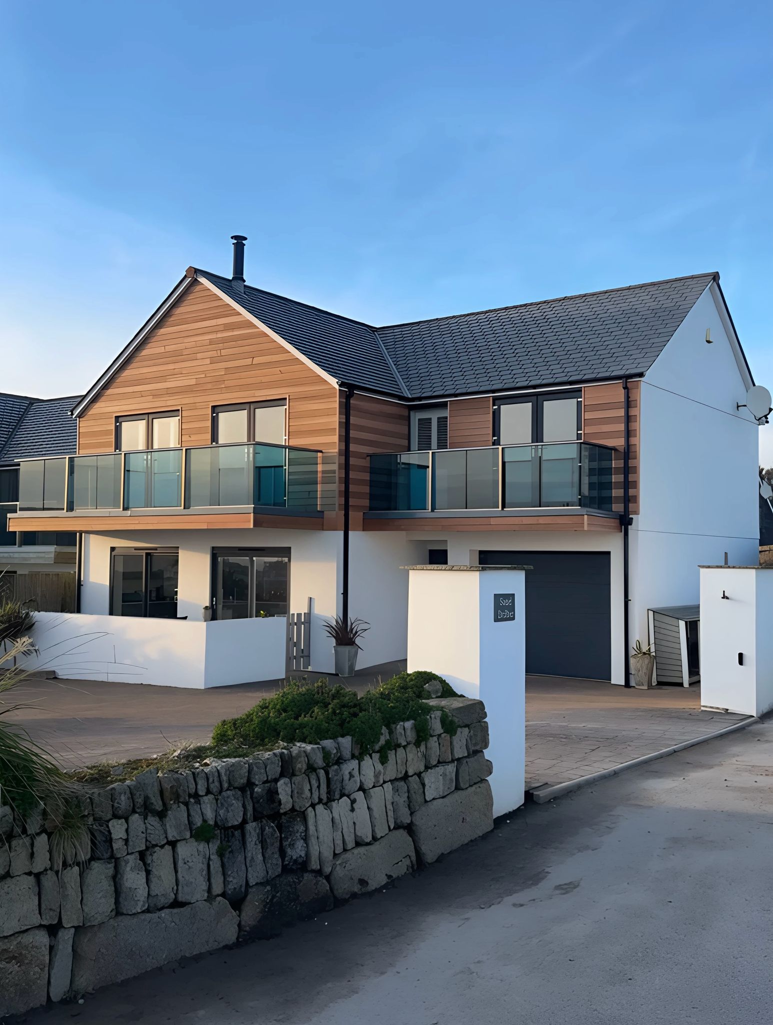 A modern two-story new house building with wooden panel accents, large glass balconies, white walls, and a stone wall along the driveway, photographed on a clear day.